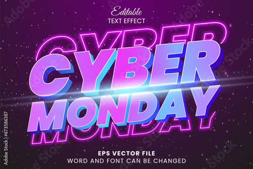 Cyber monday purple neon glow editable vector text effect. Cyber monday promotion text style