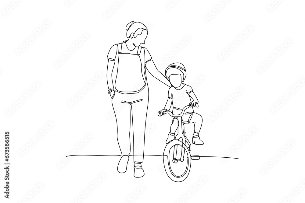 Continuous one line drawing Happy Parents with her child riding bike together. Outdoor leisure activities concept. Doodle vector illustration. Continuous one line drawing Happy Parents with her child riding bike together. Outdoor leisure activities concept. Doodle vector illustration.