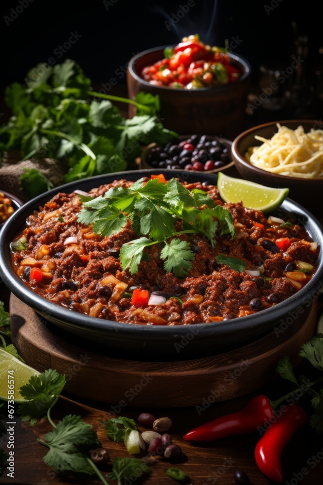 Bowl of spicy chili with all the fixings, perfect for a chilly day, Generative AI Bowl of spicy chili with all the fixings, perfect for a chilly day, Generative AI