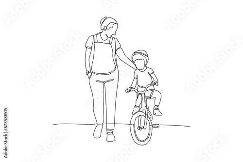 Continuous one line drawing Happy Parents with her child riding bike together. Outdoor leisure activities concept. Doodle vector illustration.