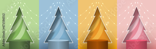 Set of circle stage podium for Christmas day product show with light, tree on colorful background.