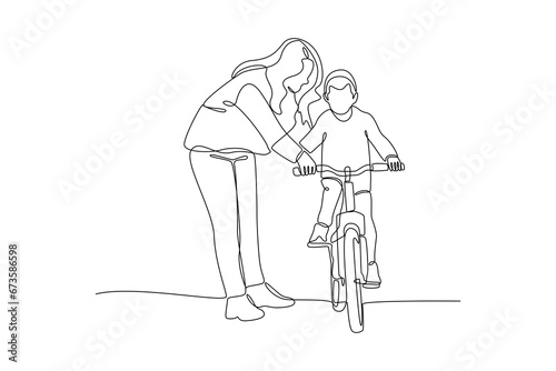 Continuous one line drawing Happy Parents with her child riding bike together. Outdoor leisure activities concept. Doodle vector illustration.