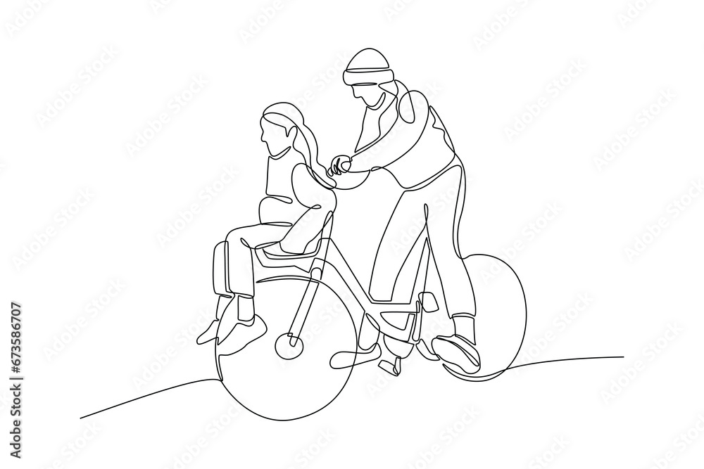 Continuous one line drawing Happy Parents with her child riding bike together. Outdoor leisure activities concept. Doodle vector illustration.
