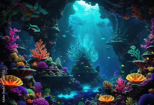 A deep-sea scene, with neon fractal creatures illuminating the dark depths