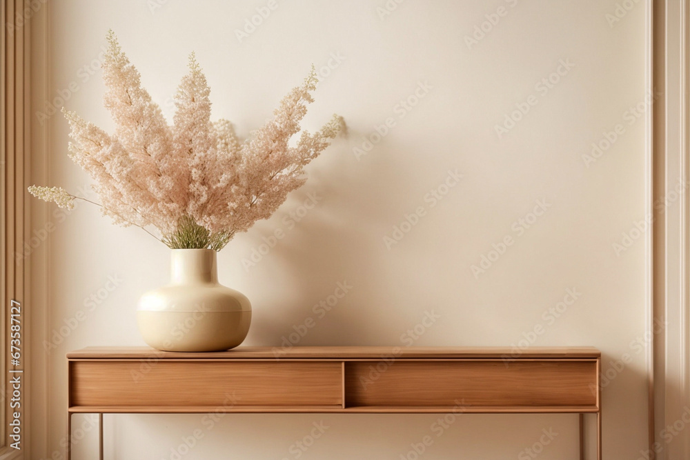 Shelf against a white wall, with a beautiful vase and bouquet