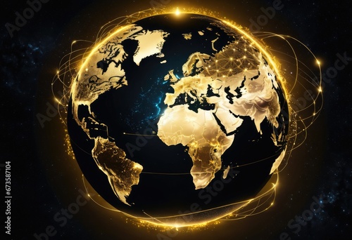 A glowing planet interconnected by a network of golden lights representing cities, set against a dark background