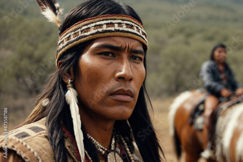 Close-up portrait of a North American Indian wearing traditional headdress