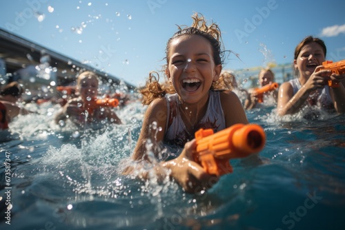 Group of kids enjoying a summer water gun fight, drenched in cool refreshing water, Generative AI