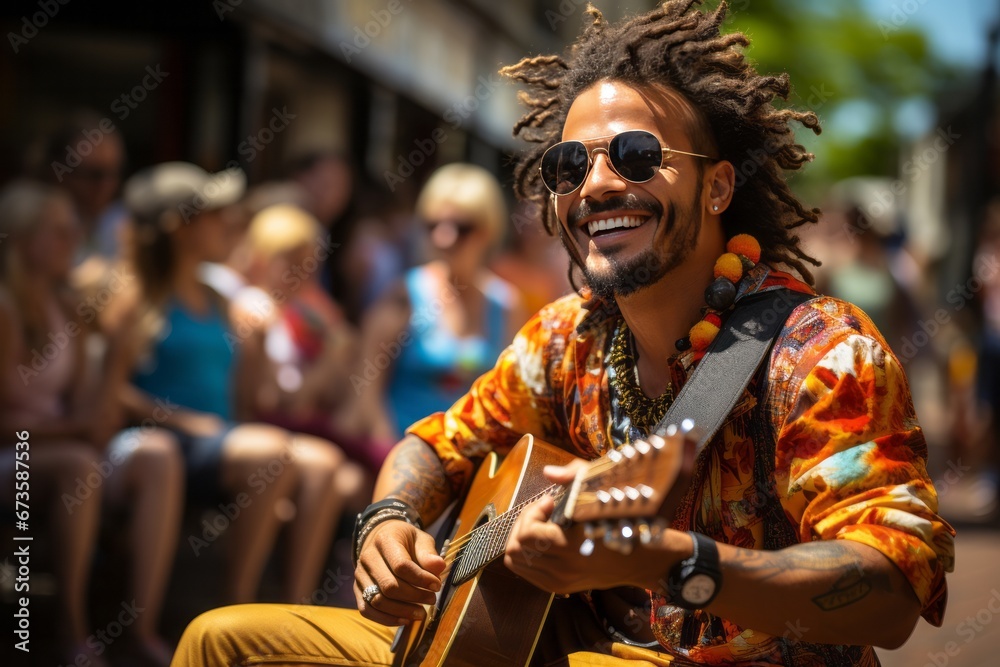 Street performers and artists showcasing their talents at a summer arts festival, Generative AI Street performers and artists showcasing their talents at a summer arts festival, Generative AI