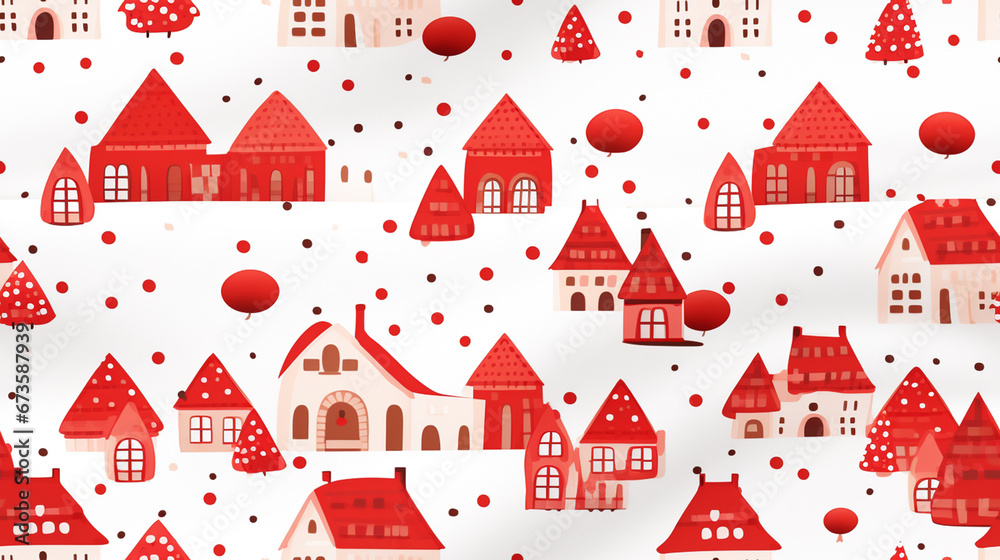 Red polka dot fabric with a red city and tree for christmas on white background