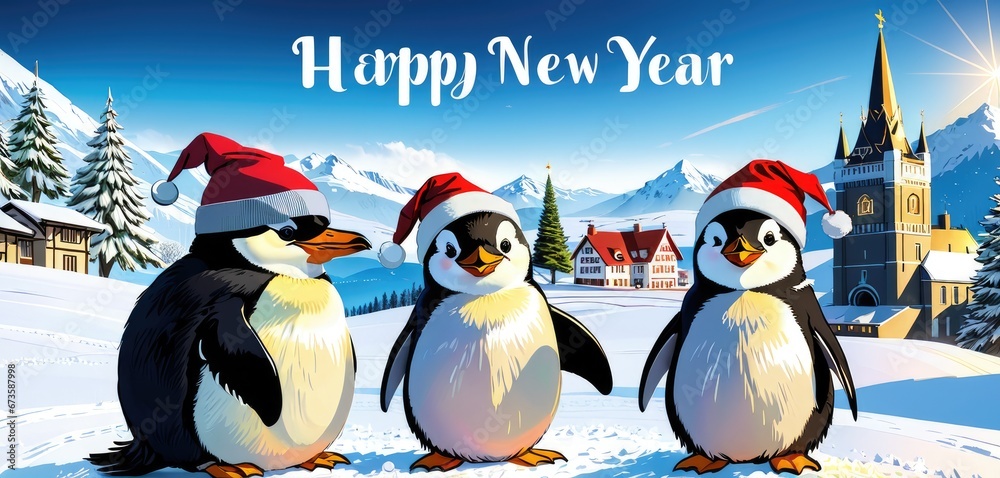 Obraz premium A penguin family wearing hats and scarves on a snowy hill. They are holding a banner that says ‘Happy New Year 2024’