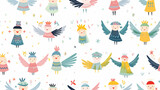 Whimsical bird different angels in the style of children seamless pattern