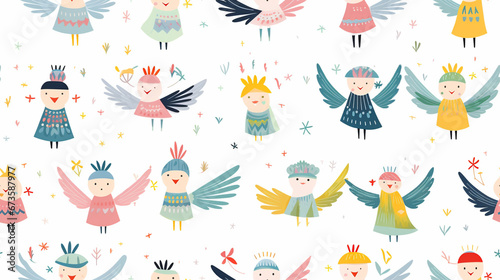 Whimsical bird different angels in the style of children seamless pattern