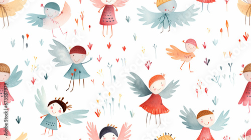 Cute Fairy angels in the style of children drawing watercolor seamless pattern on white background