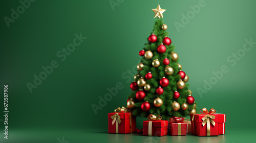 Christmas tree with gift boxes and red gold and silver baubles on green background with space for text