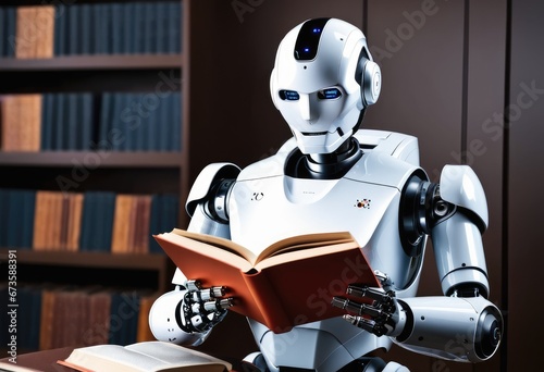 A robot reading a book on machine learning, illustrating the concept of self-learning AI