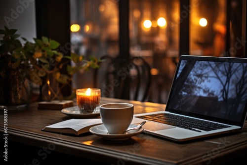 a cup of coffee on the table next to laptop 