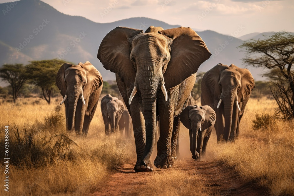 Elephants in the savannah. A herd of elephants in a National Nature Reserve - obrazy, fototapety, plakaty 