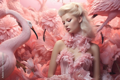 woman in pink dress surrounded y flamingoes