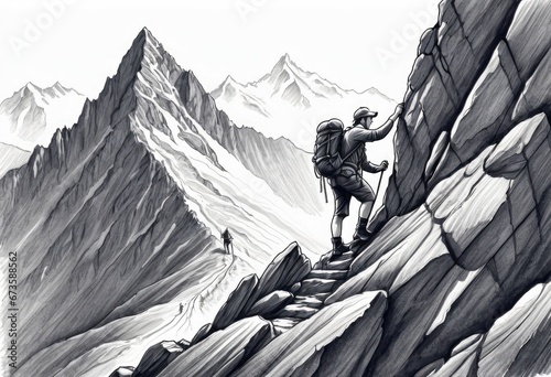 A sketchy pencil drawing of a hiker helping friend reach the mountain top, rough lines, shading and highlights.