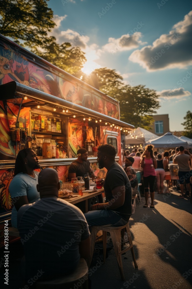 Crowd gathered around a food truck at a multicultural summer food festival, Generative AI