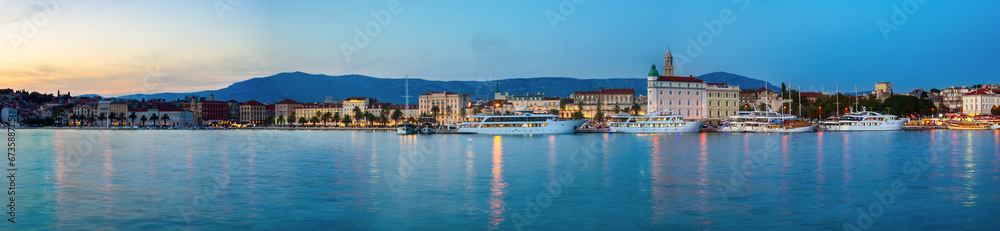 Cityscape panorama of Split at blue hour in Croatia