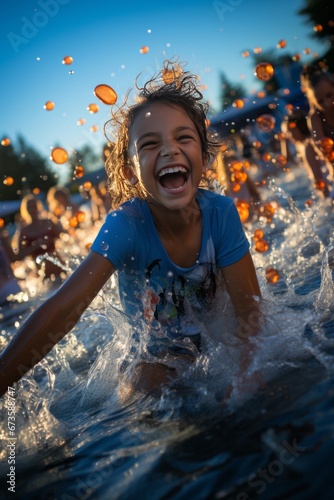 Water balloon fight at a summer water festival, capturing the splashes and laughter, Generative AI
