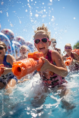 Group of kids enjoying a summer water gun fight, drenched in cool refreshing water, Generative AI 