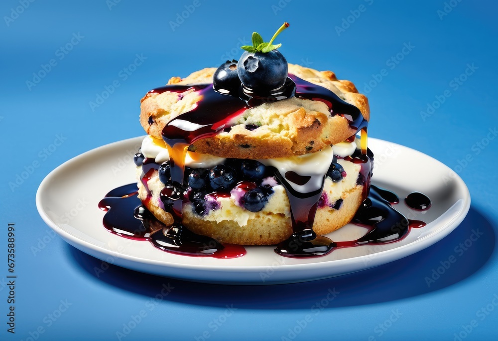 A trompe-l’œil illustration of a blueberry scone, anthropomorphized and dripping with juice-jelly