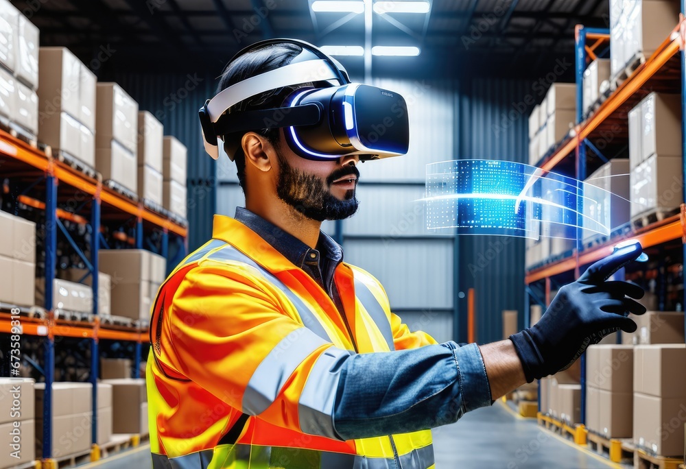 Fototapeta premium A warehouse worker wearing a VR headset and gloves, interacting with a holographic interface that shows the inventory and status of the goods