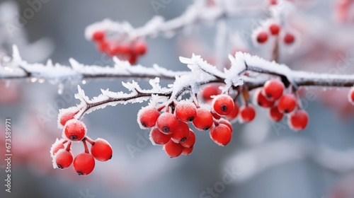 Frosted holly berry on blurred winter background.