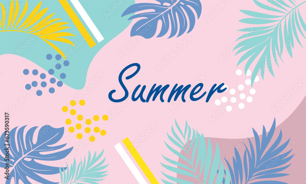 vector illustration hello summer  banner sunset beach background with palm leaves 