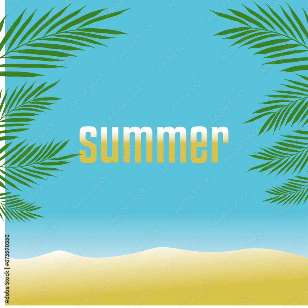 vector illustration hello summer  banner sunset beach background with palm leaves 