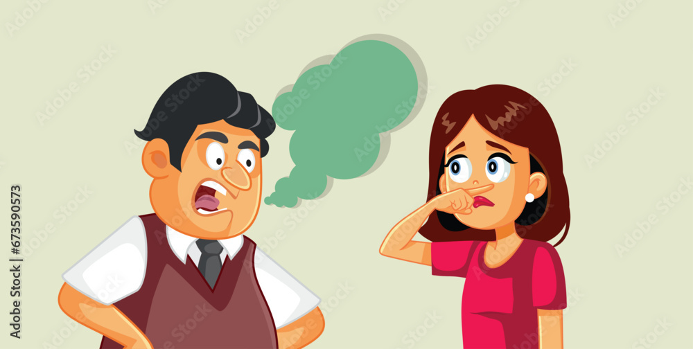 Man Suffering from Halitosis Being Repulsive to Women Vector Illustration. Unattractive guy having a bad odor smelly breath problem
Man Suffering from Halitosis Being Repulsive to Women Vector Illustration. Unattractive guy having a bad odor smelly breath problem