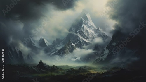 misty mountain landscape by AI Generated. seamless looping time-lapse virtual video Animation Background.	