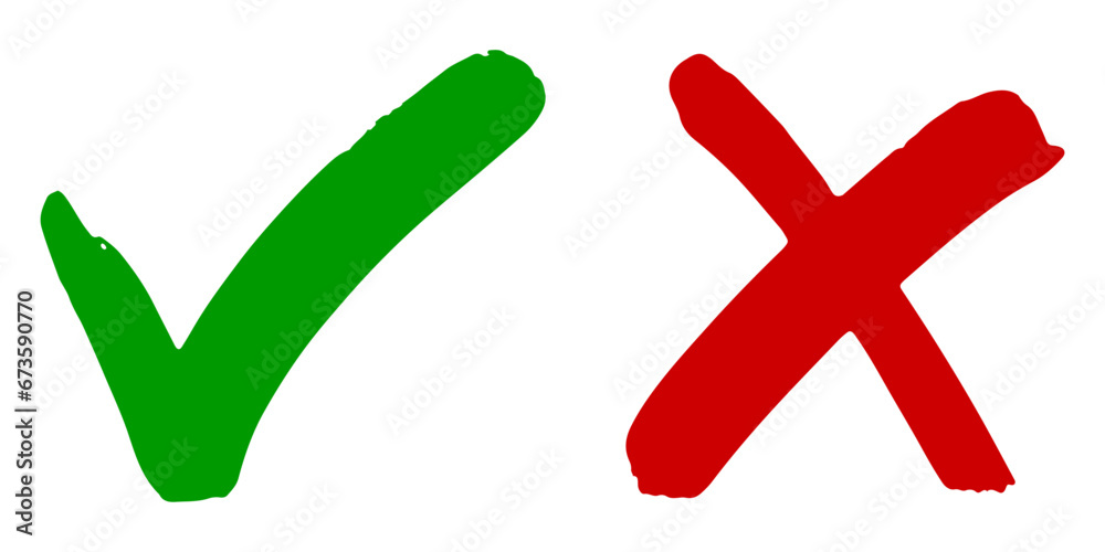 Hand drawn of Green check mark and Red cross isolated. Right and wrong icon. Vector illustration. - obrazy, fototapety, plakaty 