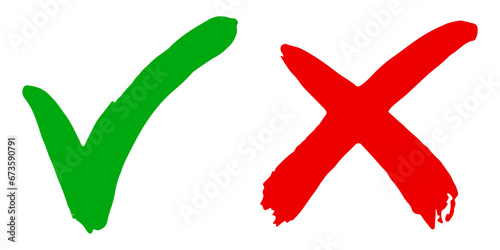 Hand drawn of Green check mark and Red cross isolated. Right and wrong icon. Vector illustration. photo