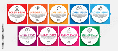 simple infographic design, 9 step infographics that are interconnected with icons, symbols, text combined with harmonious colors, good for your business presentation