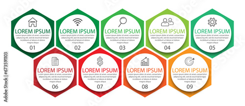 simple infographic design, 9 step infographics that are interconnected with icons, symbols, text combined with harmonious colors, good for your business presentation