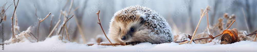 Obraz premium A Banner Photo of a Hedgehog in a Winter Setting