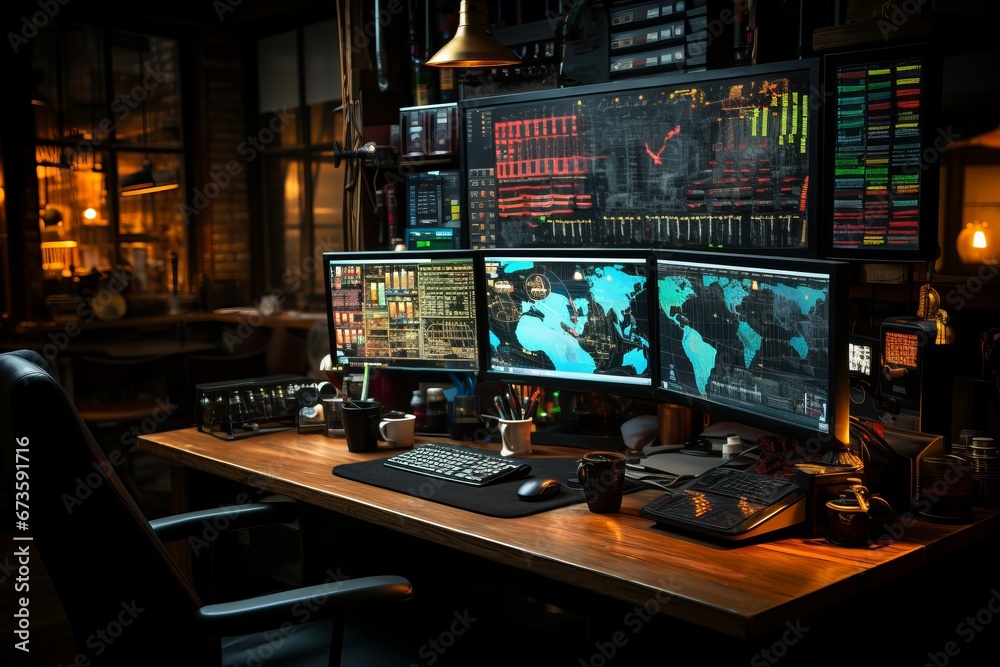 Trading desk with multiple computer monitors showing various Forex charts, Generative AI