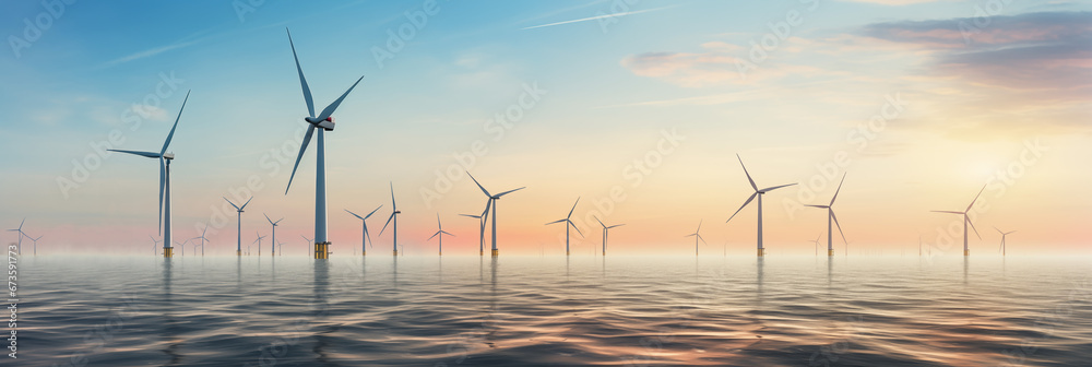 Fototapeta premium Foggy horizon with turbines in an open body of water