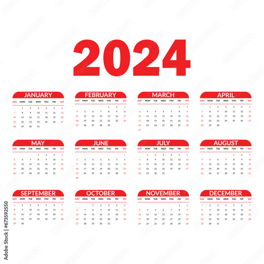 2024 english typographic calender design. week starts from sunday ...