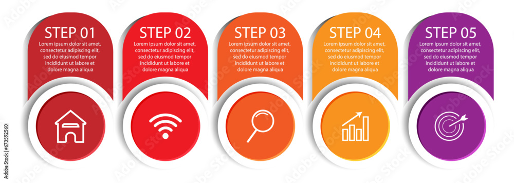 simple infographic design, 5 step infographics that are interconnected with icons, symbols, text combined with harmonious colors, good for your business presentation