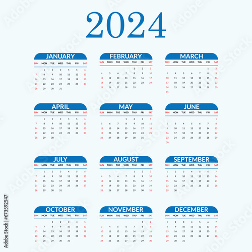 2024 english typographic calender vector. week starts from sunday.