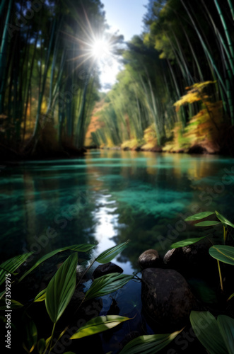 blurred bamboo river landscape. river bokeh photo. bamboo forest landscape ai generated