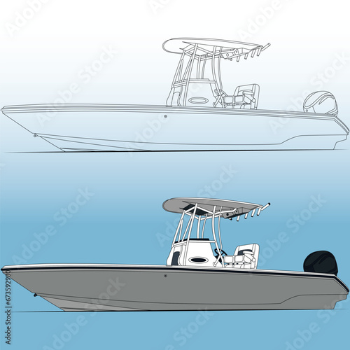 Fishing boat side view, vector, line-art, Illustration