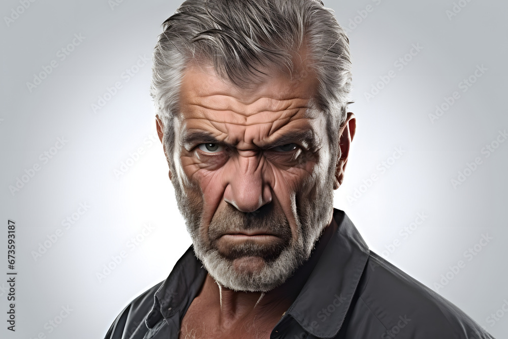 Angry mature Caucasian man, head and shoulders portrait on white background. Neural network generated photorealistic image. Not based on any actual person or scene.