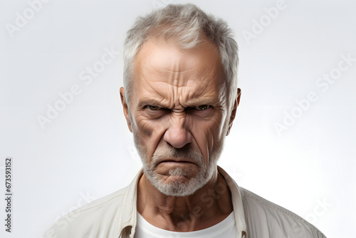 Angry mature Caucasian man, head and shoulders portrait on white background. Neural network generated photorealistic image. Not based on any actual person or scene.