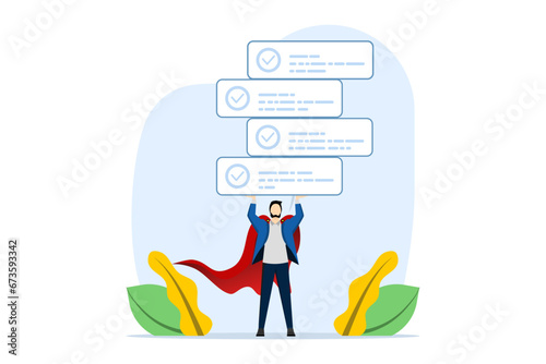 Task management concept, project plan or to-do list, productivity to complete work within deadline, efficiency to organize project checklist, businessman superhero holding completed task board.